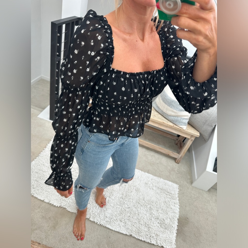 H&M Divided Black Floral Ruffle Long Sleeve Crop Top Festival Outfit |Size S - Picture 5 of 12
